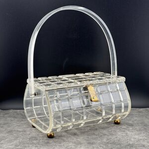 Vintage Clear Lucite Box Purse Handbag Chest Grid Pattern Metal Hardware 1950's